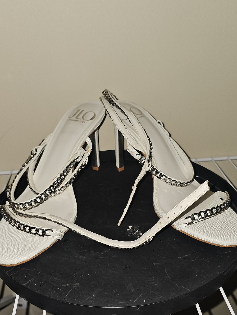 JLO White Chain-Accent Heeled Sandals